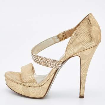 Pre Owned Loriblu Gold Lurex Fabric Crystal Embellished Open Toe Platform Sandals Size 36.5