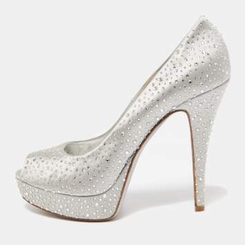 Pre Owned Loriblu Silver Satin Crystal Embellished Peep Toe Platform Pumps Size 40