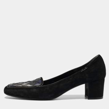Pre Owned Loriblu Black Suede Block Heel Loafer Pumps Size 39