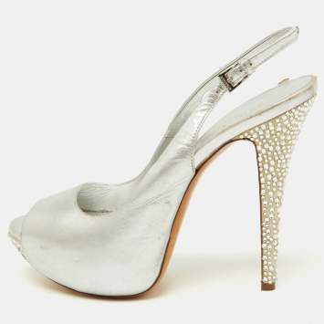 Pre Owned Loriblu Metallic Silver Leather Crystal Embellished Slingback Platform Pumps Size 39.5