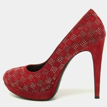Pre Owned Loriblu Red Suede Crystal Embellished Platform Pumps Size 38