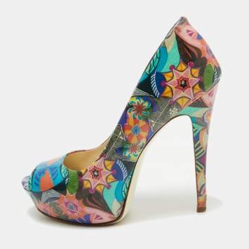 Pre Owned Loriblu Multicolor Patent Leather Peep Toe Platform Pumps Size 37.5