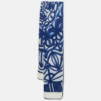 Pre Owned Loro Piana White/Blue Print Cashmere and Silk Maxi Carre Scarf