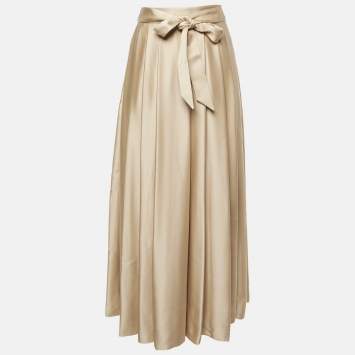 Pre Owned Loro Piana Beige Silk Satin Pleated Long Skirt S