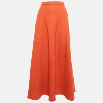 Pre Owned Loro Piana Red Linen Flared Midi Skirt M