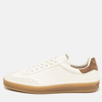 Pre Owned Loro Piana White Leather and Nubuck Leather Tennis Walk Sneakers Size 37.5