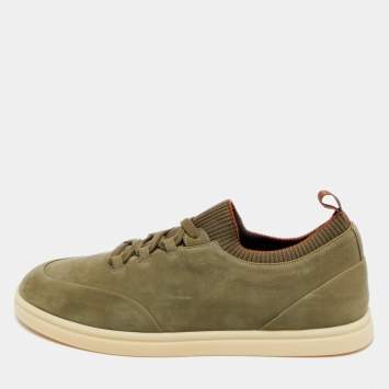 Pre Owned Loro Piana Green Nubuck Leather Soho Walk Lace Up Sneakers Size 41.5
