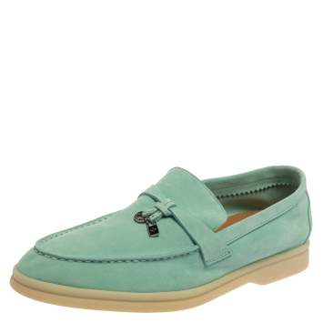 Pre Owned Loro Piana Turquoise Blue Suede Summer Charms Walk Moccasin Size 38.5