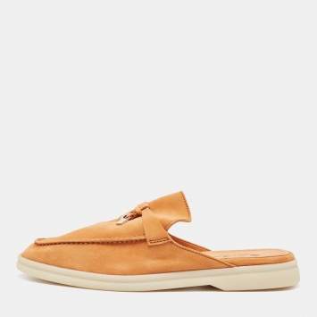 Pre Owned Loro Piana Orange Suede Babouche Charms Walk Flat Mules Size 38.5