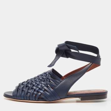 مملوكة مسبقًا Loro Piana Blue Braided Leather Kristin Flat Sandals Size 36.5