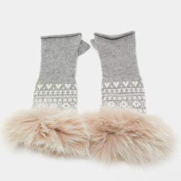 مملوكة مسبقًا Loro Piana Grey Cashmere Fox Fur Detailed Fingerless Gloves S