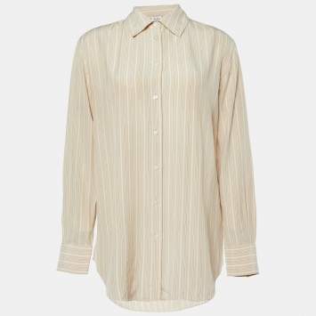 Pre Owned Loro Piana Beige Stripe Print Silk Buttoned-Up Shirt M
