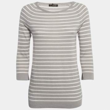 Pre Owned Loro Piana Grey Striped Cashmere Knit Sweater M