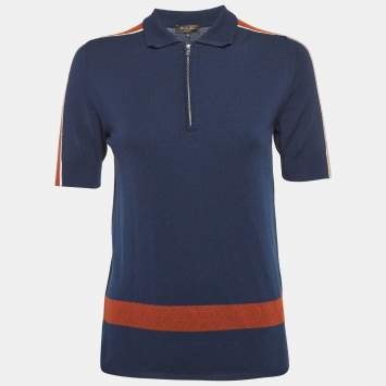 Pre Owned Loro Piana Navy Blue Striped Wool Knit Zip Up Polo Sweater M