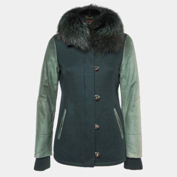 Pre Owned Loro Piana Green Cashmere & Leather Fur Collared Jacket S