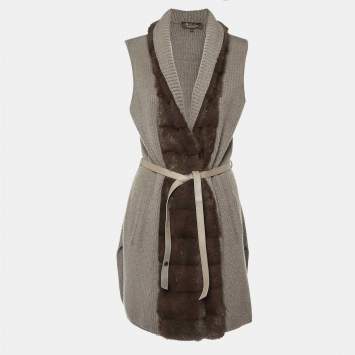Pre Owned Loro Piana Grey Cashmere Knit Mink Fur Trim Belted Cardigan M