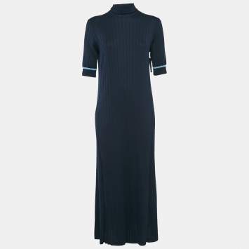 Pre Owned Loro Piana Navy Blue Rib Knit Turtle Neck Midi Dress L