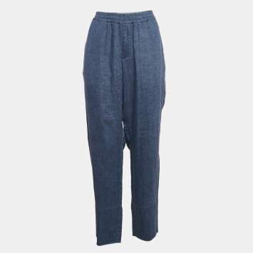 Pre Owned Loro Piana Blue Linen Straight Leg Trousers L