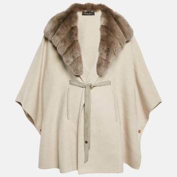 Pre Owned Loro Piana Beige Fur Trim Cashmere Salzburg Cape M