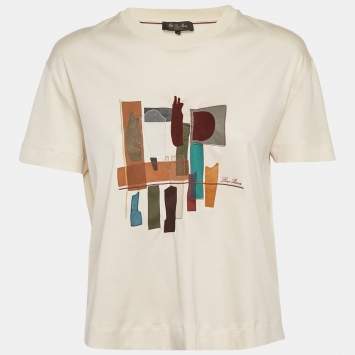 Pre Owned Loro Piana Cream Cotton Applique Work Detail T-Shirt M