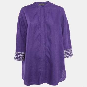 Pre Owned Loro Piana Purple Embroidered Linen Button Front Blouse L