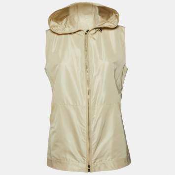 Pre Owned Loro Piana Light Beige Silk Blend Leather Trim Detail Zip-Up Hooded Vest L