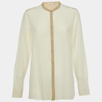 Pre Owned Loro Piana Cream Silk Contrast Trimmed Blouse L