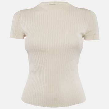 Pre Owned Loro Piana Light Beige Rib Knit Silk Top S