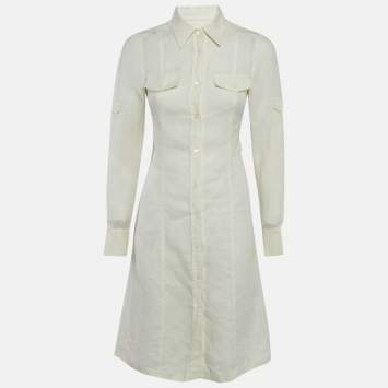 Loro Piana Cream Linen Button Front Knee-Length Dress S