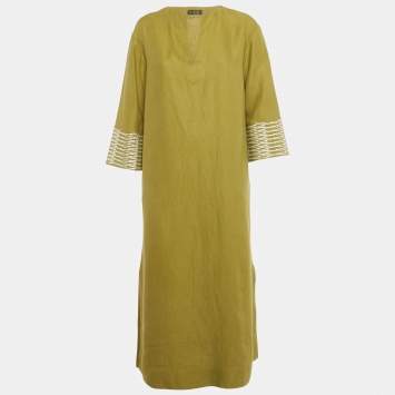 Pre Owned Loro Piana Green Embroidered Detail Linen Midi Dress S 