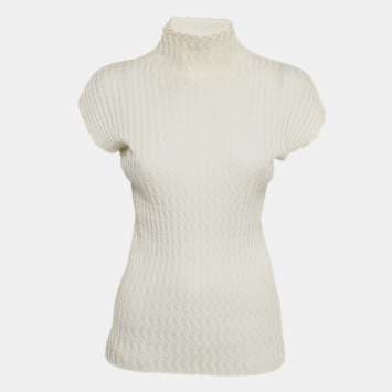 مملوكة مسبقًا Loro Piana White Textured Jersey High-Neck Top S