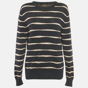 Pre Owned بلوفر لورو بيانا قطن كحلي مخطط ياقة دائرية كبير