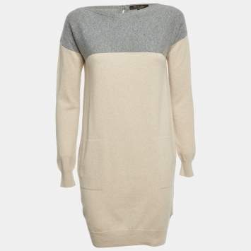 Pre Owned Loro Piana Beige/Grey Cashmere Knit Dress S