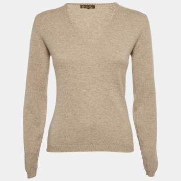 Pre Owned Loro Piana Beige Cashmere Knit V-Neck Sweater S