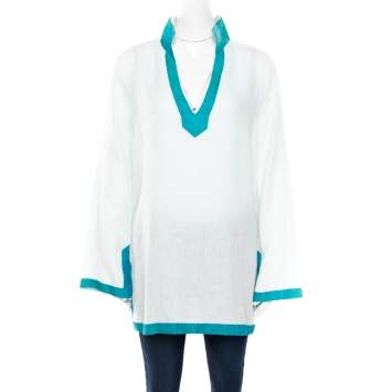 Pre Owned Loro Piana Blue Linen Contrast Trim Detail Long Sleeve Top L