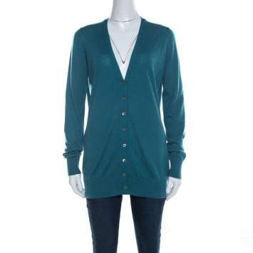 Pre Owned Loro Piana Jade Green Cashmere Button Front Cardigan L