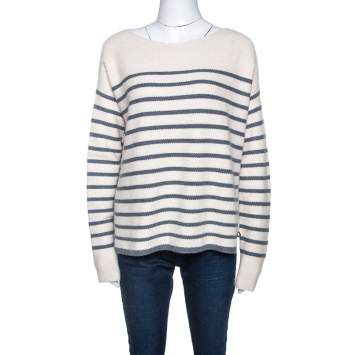 Pre Owned Loro Piana Off White Striped Baby Cashmere Waffle Knit Sweater M