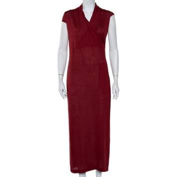 Pre Owned Loro Piana Burgundy Linen and Silk Draped Cap Sleeve Maxi Dress S