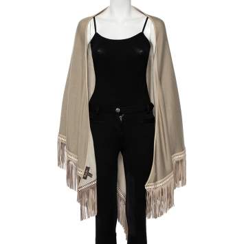 Pre Owned Loro Piana Beige Cashmere Leather Fringe Detail Flamenco Poncho (One Size)
