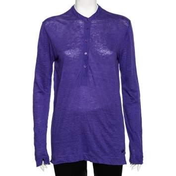 Pre Owned Loro Piana Purple Linen Long Sleeved Polo T-Shirt S