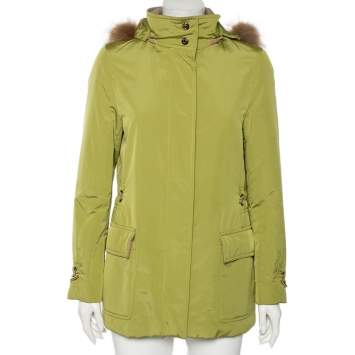 Pre Owned Loro Piana Green Synthetic & Faux Fur Trimmed Button Front Hooded Jacket S