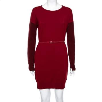 Pre Owned Loro Piana Red Two Toned Cashmere & Suede Trimmed Belted Dress M
