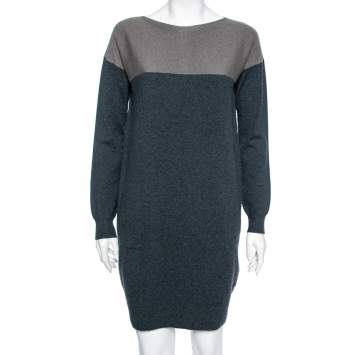 Pre Owned Loro Piana Blue & Grey Paneled Cashmere Long Sleeve Dress M
