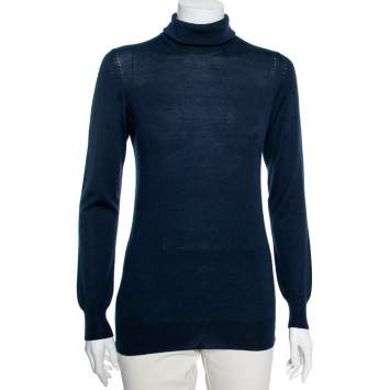 Pre Owned Loro Piana Navy Blue Cashmere Long Sleeve Turtle Neck Sweater M
