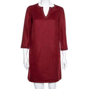 Pre Owned Loro Piana Red Cashmere & Silk Trim Detailed Dress S