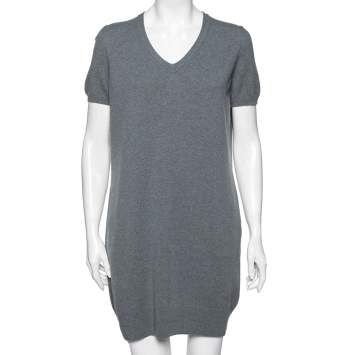 Pre Owned Loro Piana Grey Cashmere Knit V-Neck Sweater Dress M