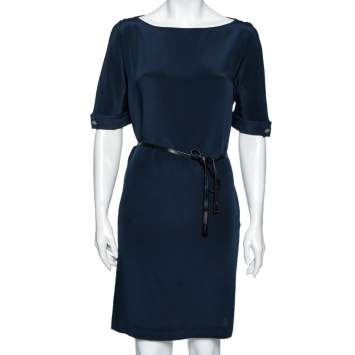 Pre Owned Loro Piana Navy Blue Silk Crew Neck Belted Dress M
