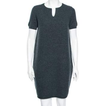 Pre Owned Loro Piana Charcoal Grey Cashmere Knit Short Sleeve Dress M