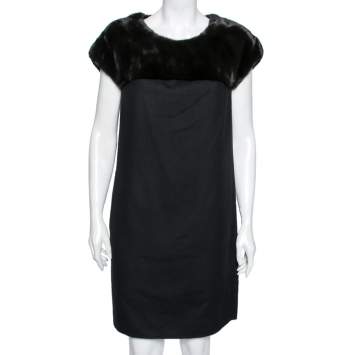 Pre Owned Loro Piana Black Cashmere & Brown Mink Fur Trimmed Dress M