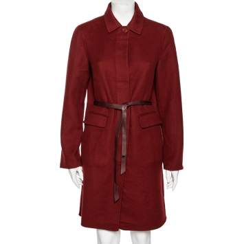 Pre Owned Loro Piana Maroon Cashmere & Suede Belted Coat M